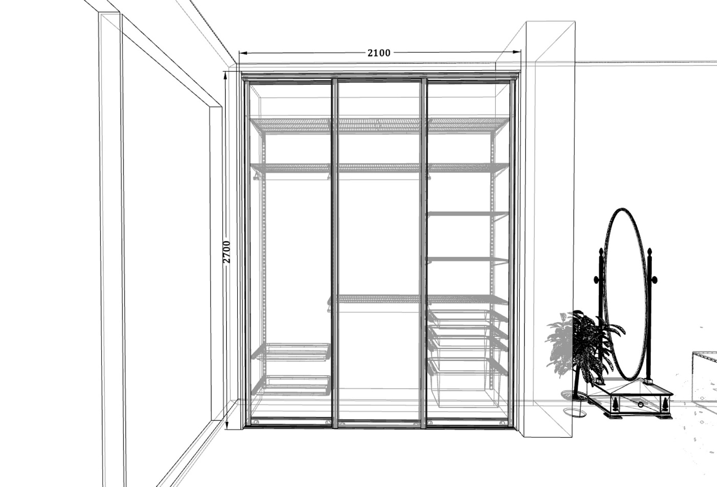 Шкаф-купе зеркальный – профиль Flat, цвет «Белый матовый»